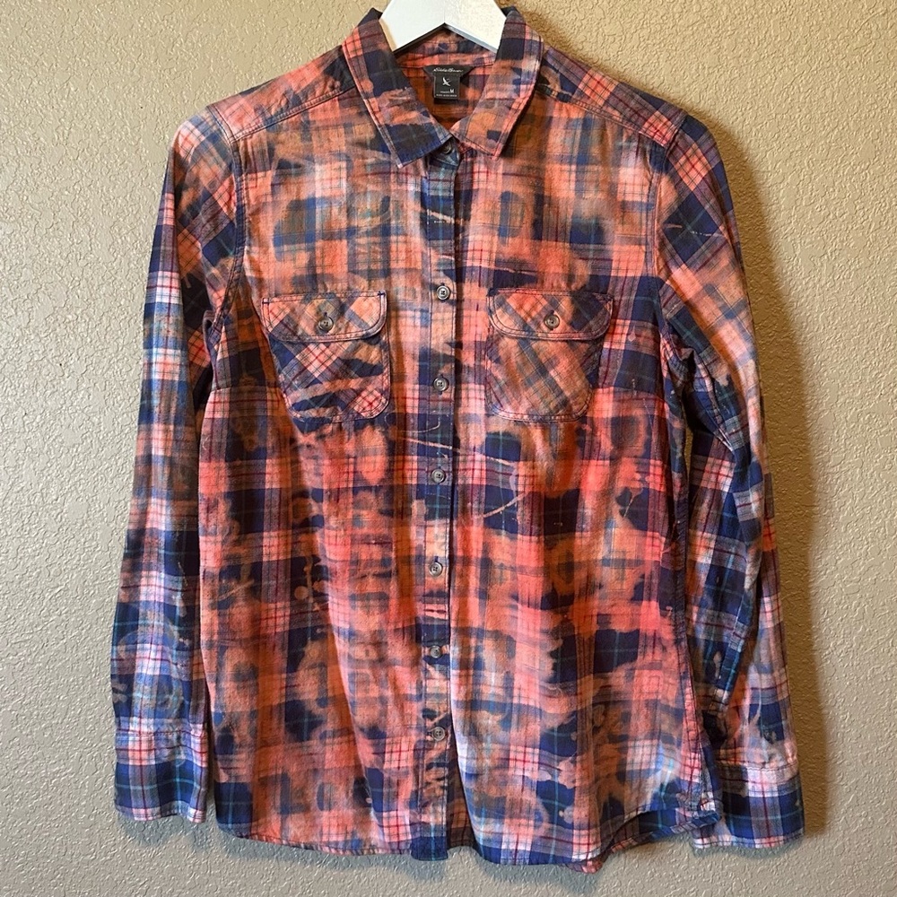 Upcycled Bleached Eddie Bauer Women’s Flannel Shirt M Medium